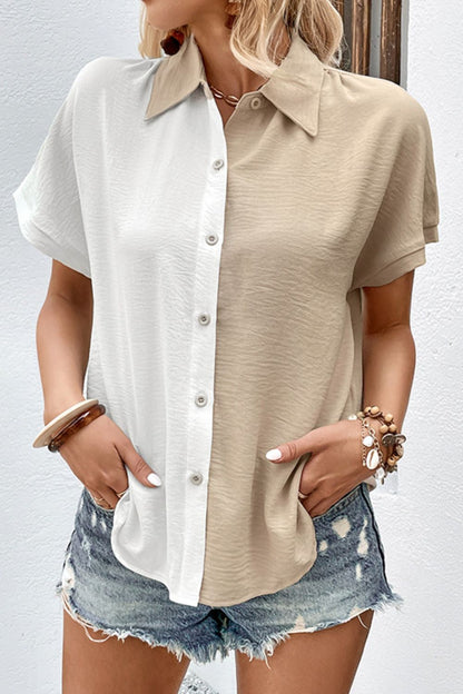 Two-Tone Contrast Short Sleeve Shirt-Teresa&#39;s Fashionista LLC