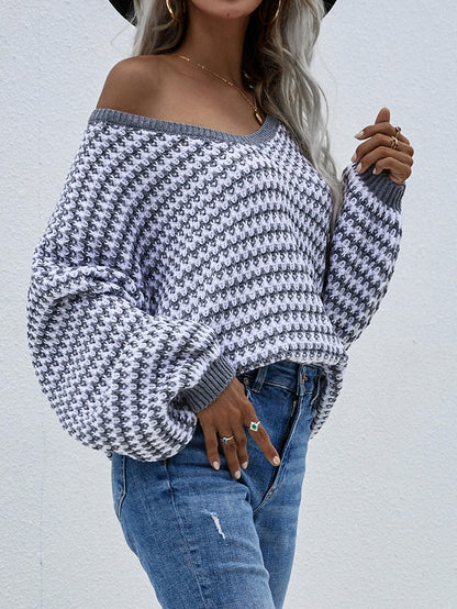 Striped Drop Shoulder V-Neck Pullover Sweater-Teresa&#39;s Fashionista LLC