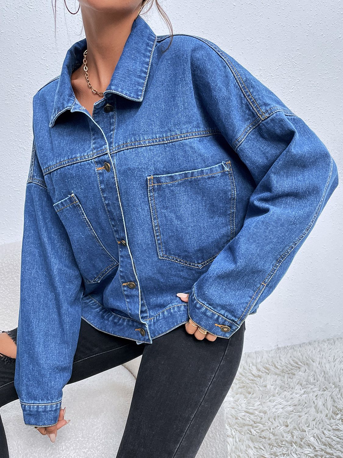 Collared Neck Dropped Shoulder Denim Jacket-Teresa&#39;s Fashionista LLC