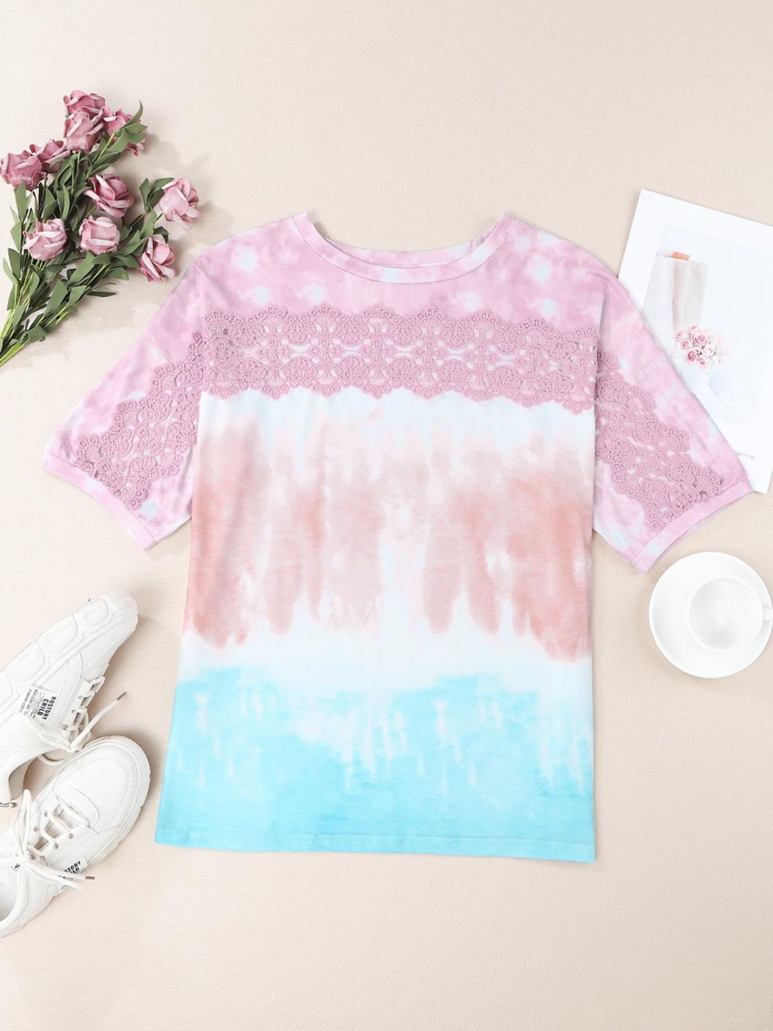 Tie-Dye Lace Trim Round Neck Top-Teresa&#39;s Fashionista LLC