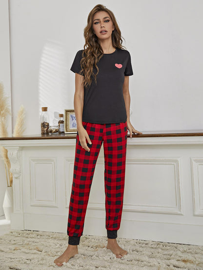 Heart Graphic Tee and Plaid Joggers Lounge Set-Teresa&#39;s Fashionista LLC