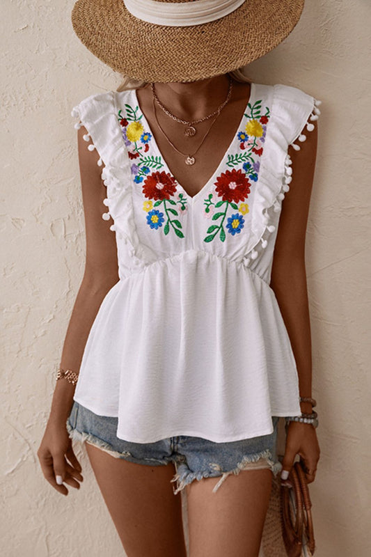 Embroidered Pom-Pom Trim Cap Sleeve Babydoll Top-Teresa&#39;s Fashionista LLC