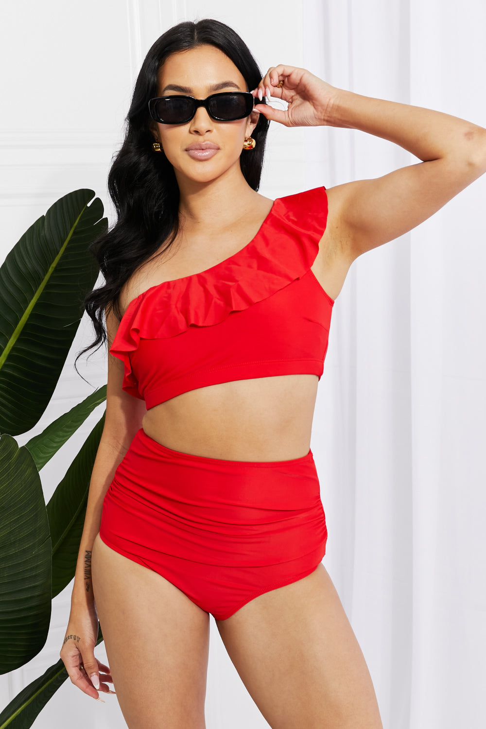 Marina West Swim Seaside Romance Ruffle One-Shoulder Bikini in Red-Teresa&#39;s Fashionista LLC