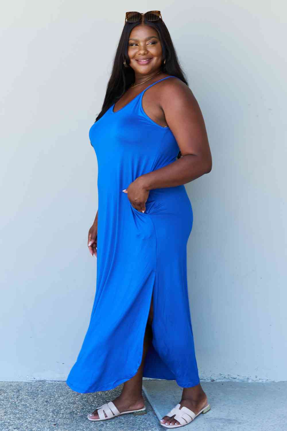 Ninexis Good Energy Full Size Cami Side Slit Maxi Dress in Royal Blue-Teresa&#39;s Fashionista LLC