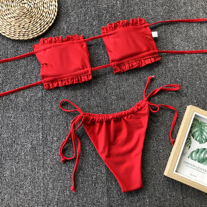 Frill Trim Ruched Bikini Set-Teresa&#39;s Fashionista LLC