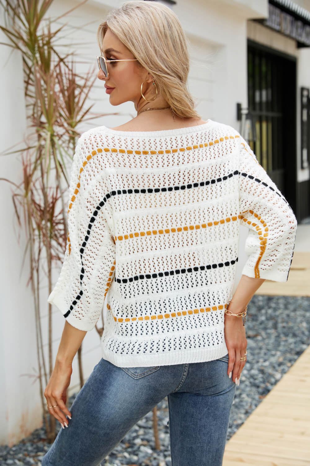 Striped Openwork Three-Quarter Sleeve Knit Top-Teresa&#39;s Fashionista LLC