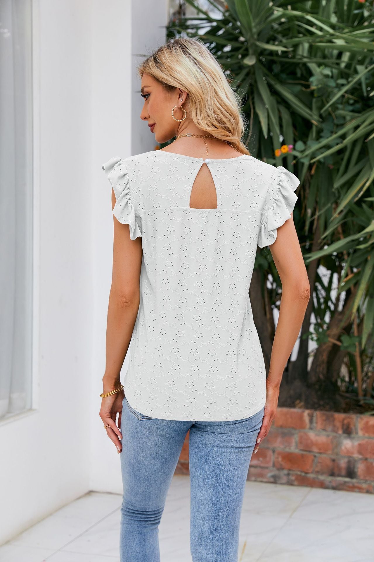 V-Neck Flutter Sleeve Eyelet Top-Teresa&#39;s Fashionista LLC