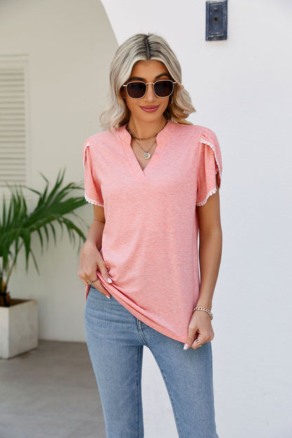 Pom-Pom Trim Petal Sleeve Notched Neck Top-Teresa&#39;s Fashionista LLC