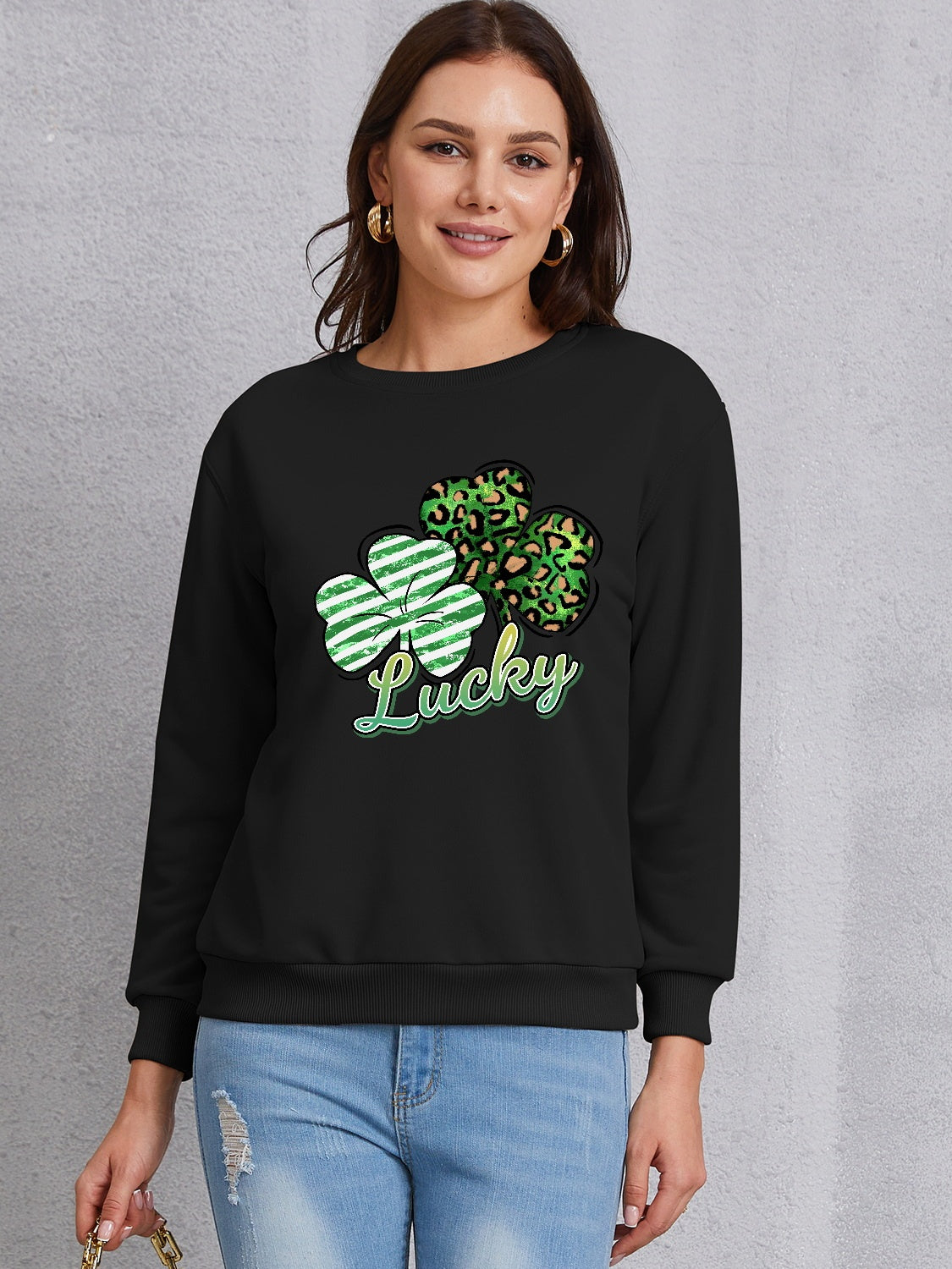 Lucky Clover Round Neck Dropped Shoulder Sweatshirt-Teresa&#39;s Fashionista LLC