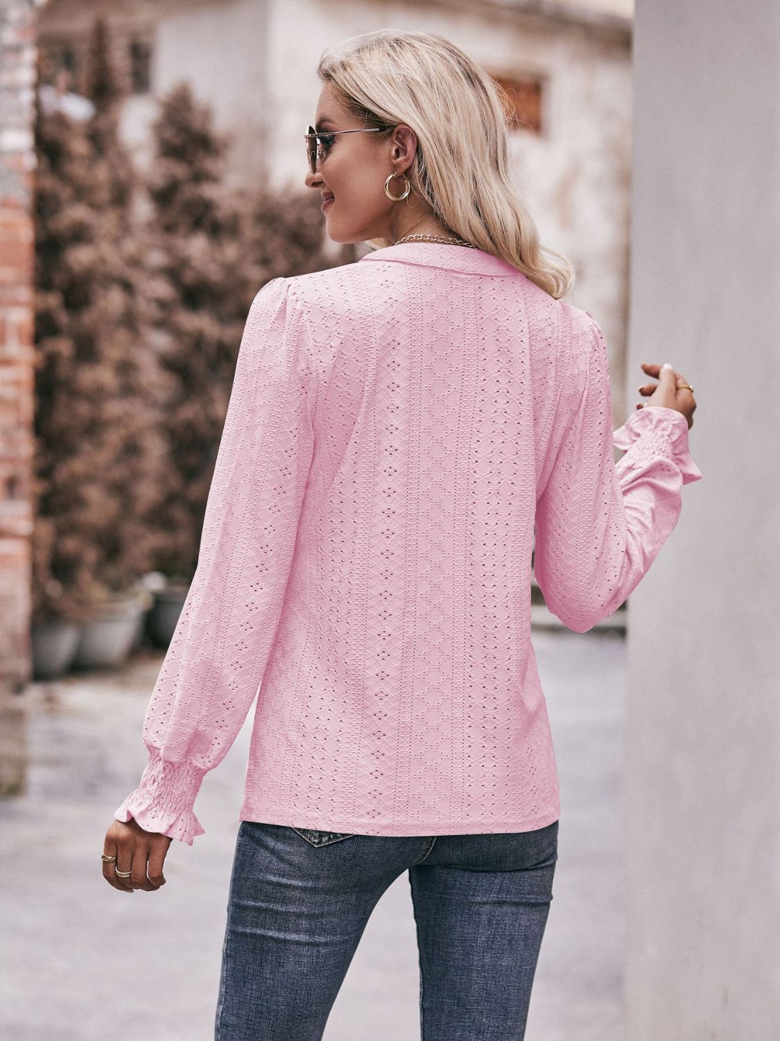 Eyelet Notched Neck Flounce Sleeve Blouse-Teresa&#39;s Fashionista LLC