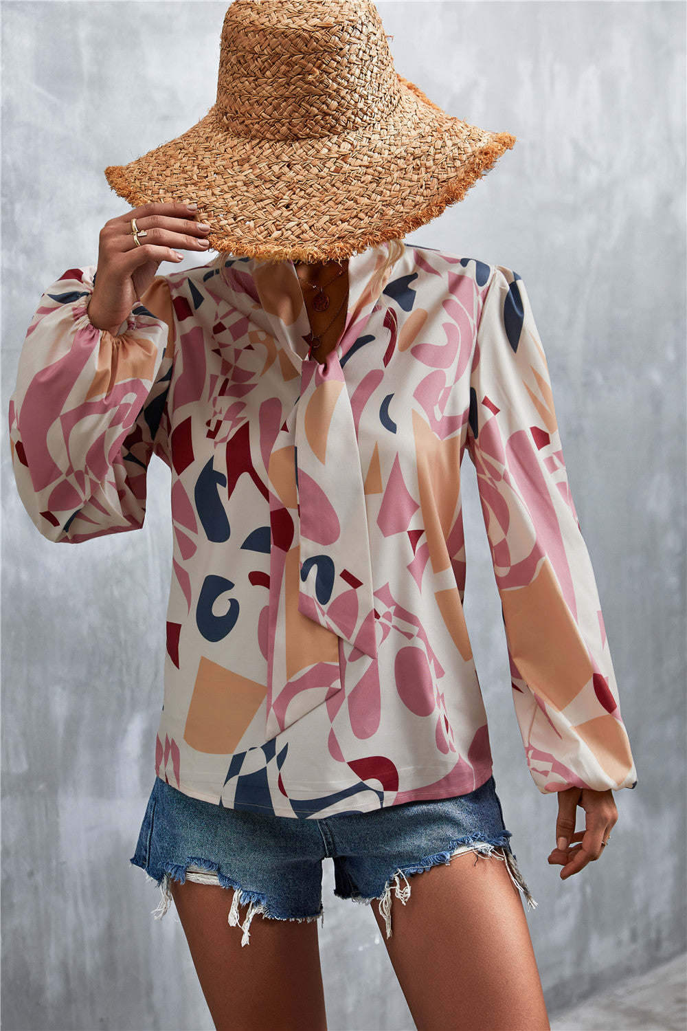 Printed Tie Neck Puff Sleeve Blouse-Teresa&#39;s Fashionista LLC