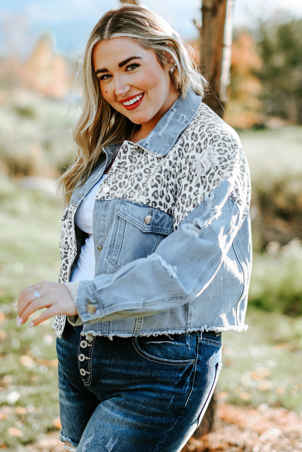 Plus Size Leopard Raw Hem Distressed Spliced Denim Jacket-Teresa&#39;s Fashionista LLC