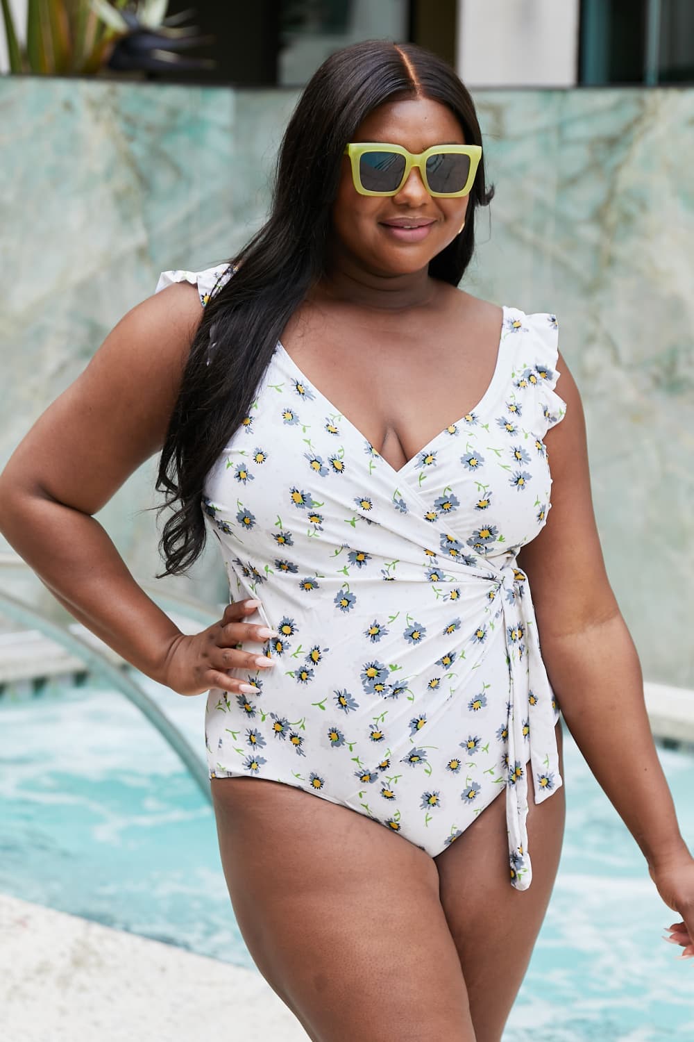 Marina West Swim Float On Ruffle Faux Wrap One-Piece in Daisy Cream-Teresa&#39;s Fashionista LLC