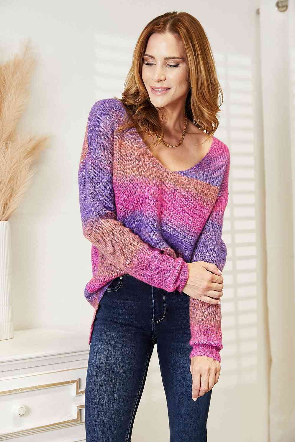 Double Take Multicolored Rib-Knit V-Neck Knit Pullover-Teresa&#39;s Fashionista LLC