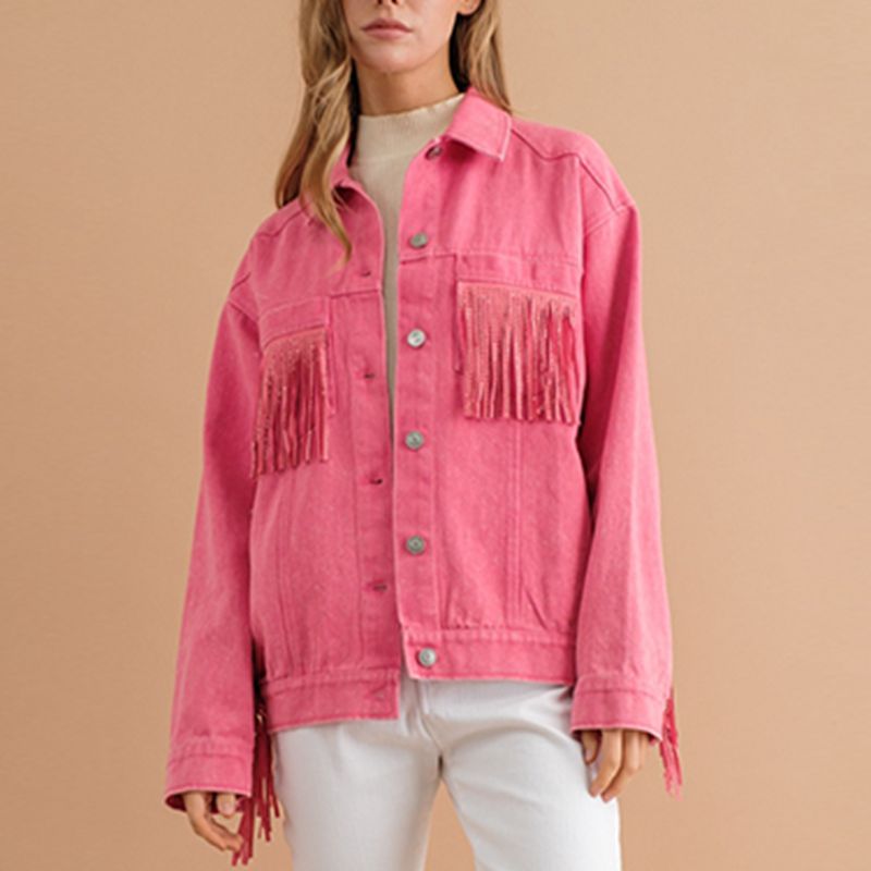 Fringe Detail Dropped Shoulder Denim Jacket-Teresa&#39;s Fashionista LLC