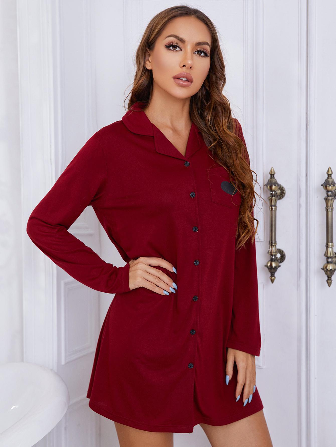 Heart Graphic Lapel Collar Long Sleeve Night Dress-Teresa&#39;s Fashionista LLC