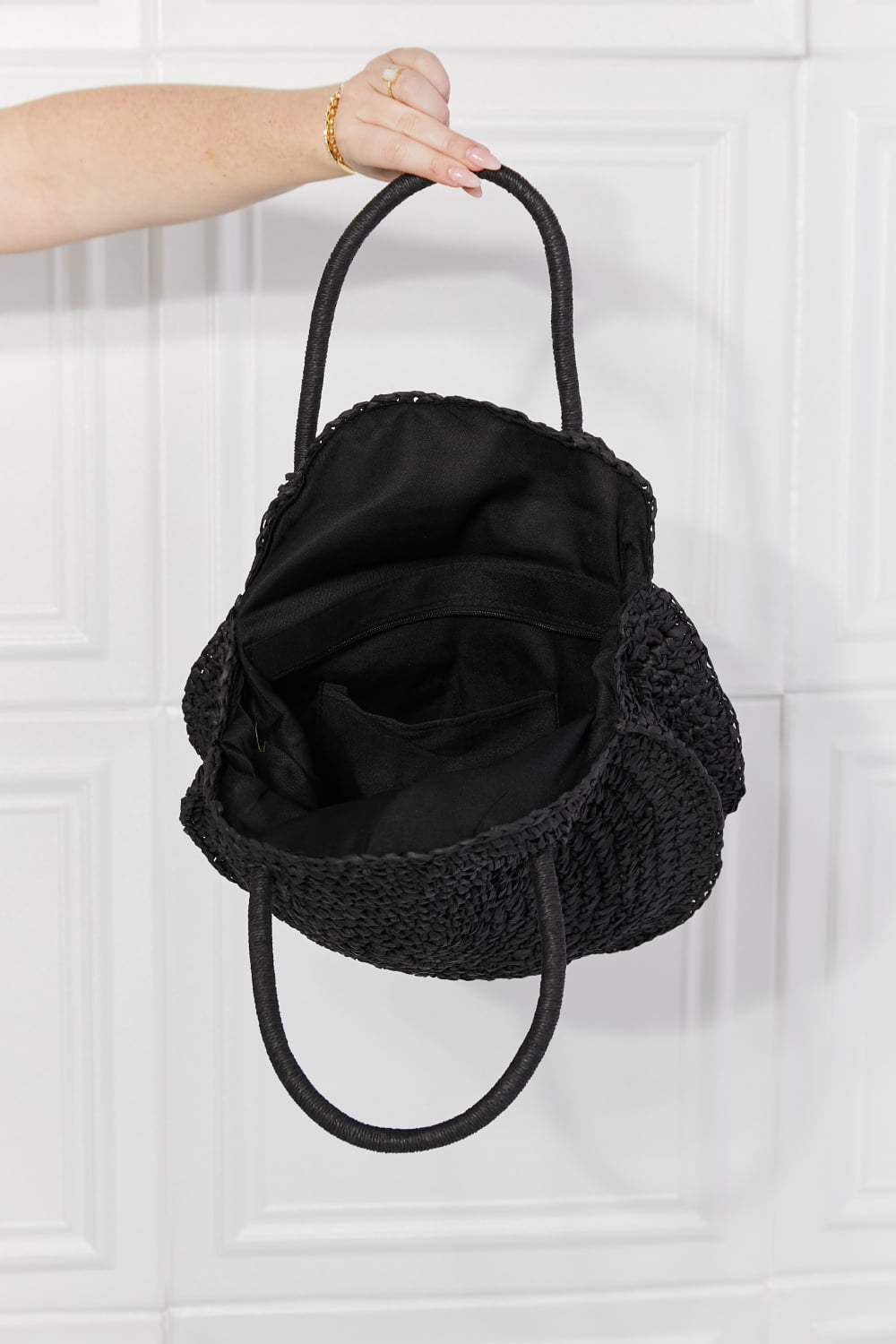 Justin Taylor Beach Date Straw Rattan Handbag in Black-Teresa&#39;s Fashionista LLC