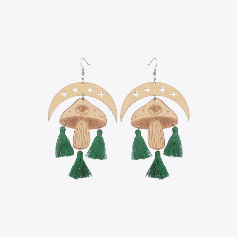 Moon & Mushroom Tassel Detail Dangle Earrings-Teresa&#39;s Fashionista LLC