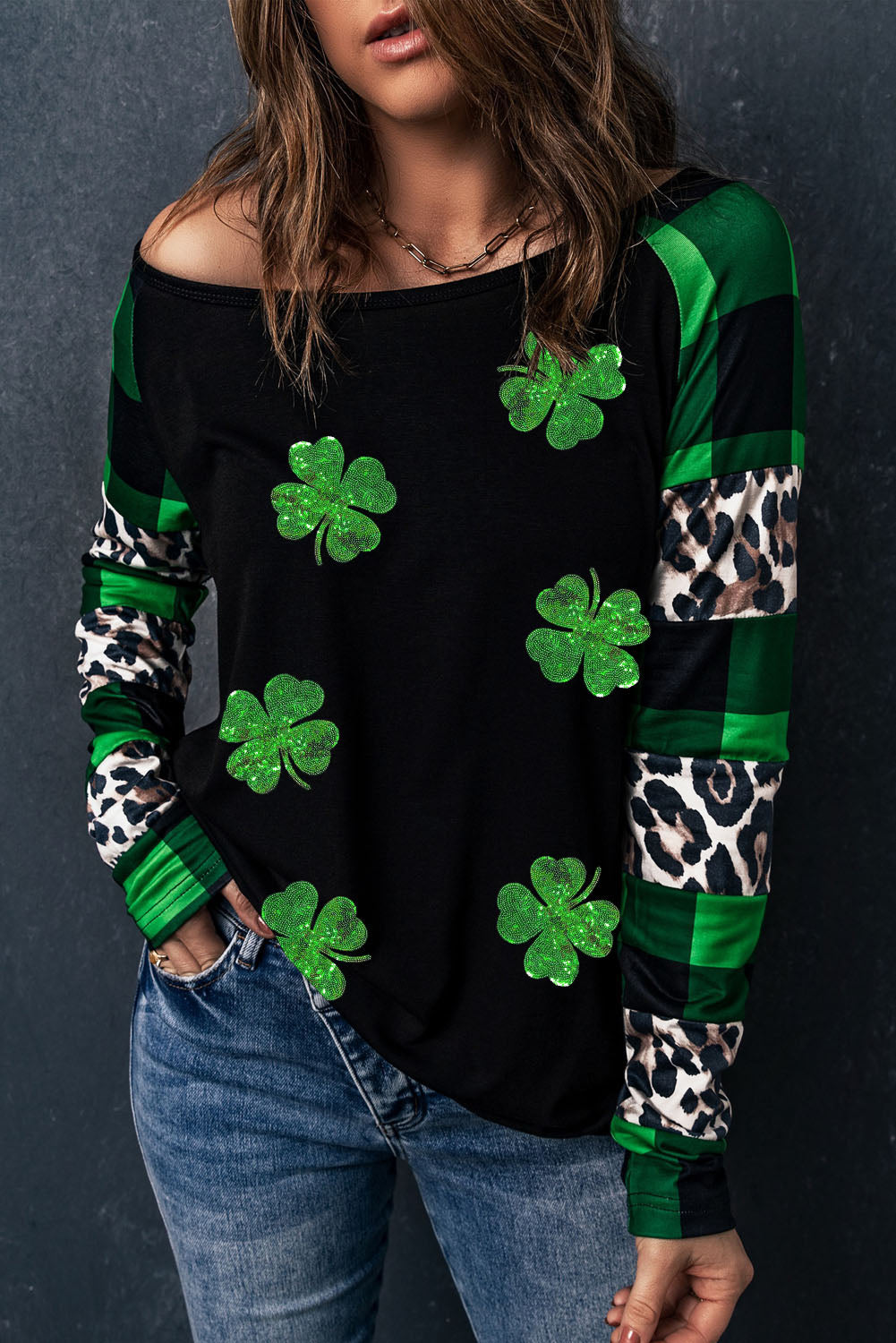 Lucky Clover Plaid Long Sleeve T-Shirt-Teresa&#39;s Fashionista LLC