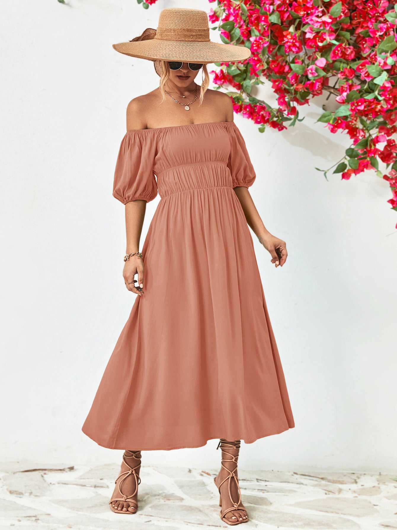 Off-Shoulder Balloon Sleeve Midi Dress-Teresa&#39;s Fashionista LLC