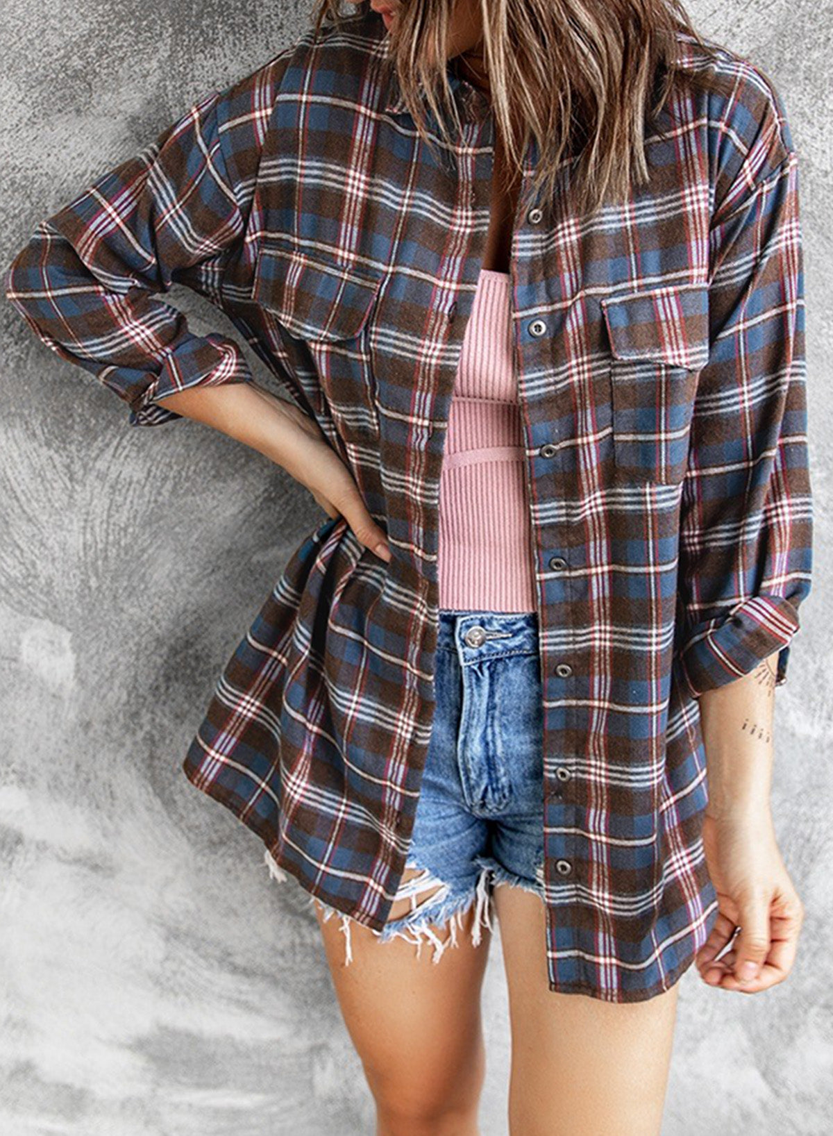 Plaid Slit High-Low Shirt with Pockets-Teresa&#39;s Fashionista LLC