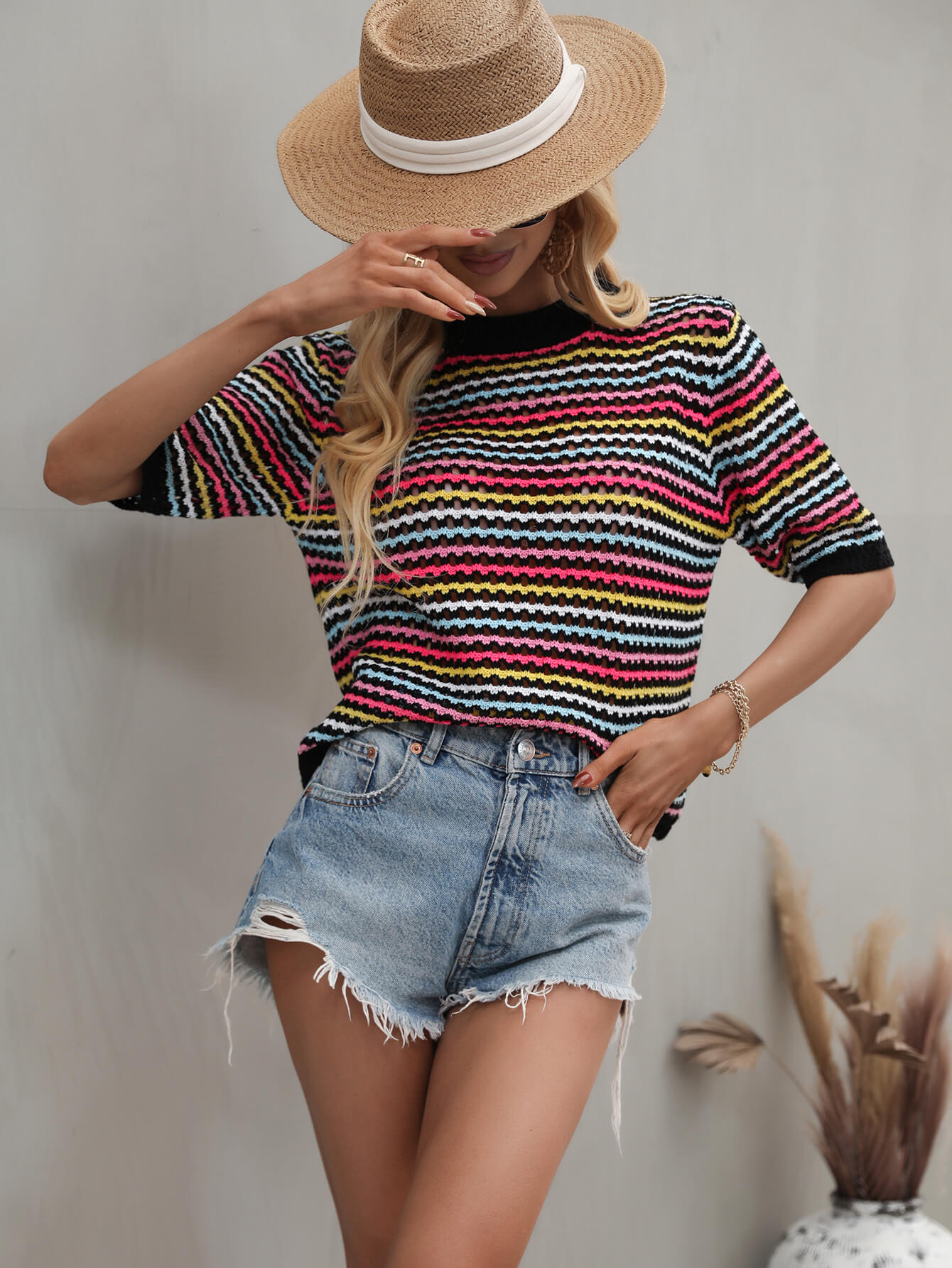 Striped Openwork Half Sleeve Knit Top-Teresa&#39;s Fashionista LLC