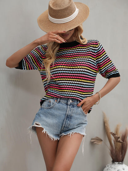 Striped Openwork Half Sleeve Knit Top-Teresa&#39;s Fashionista LLC