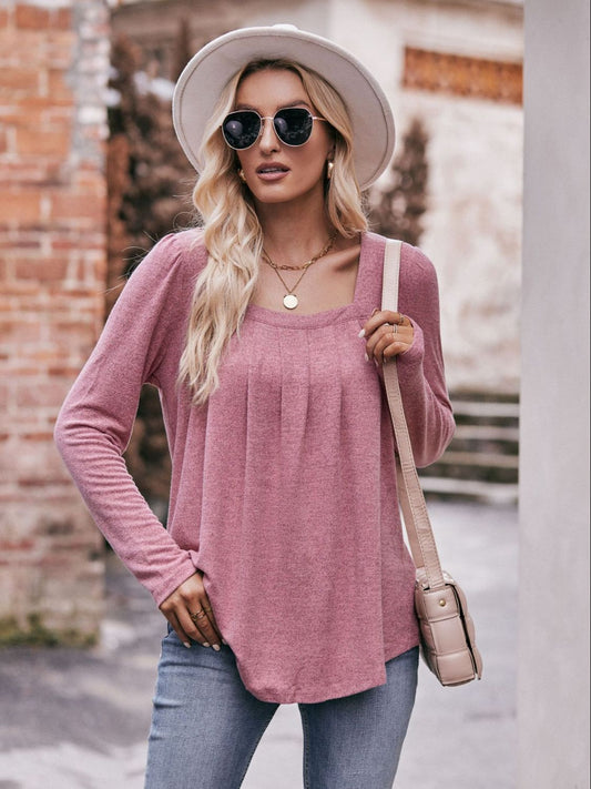 Pleated Detail Curved Hem Long Sleeve Top-Teresa&#39;s Fashionista LLC