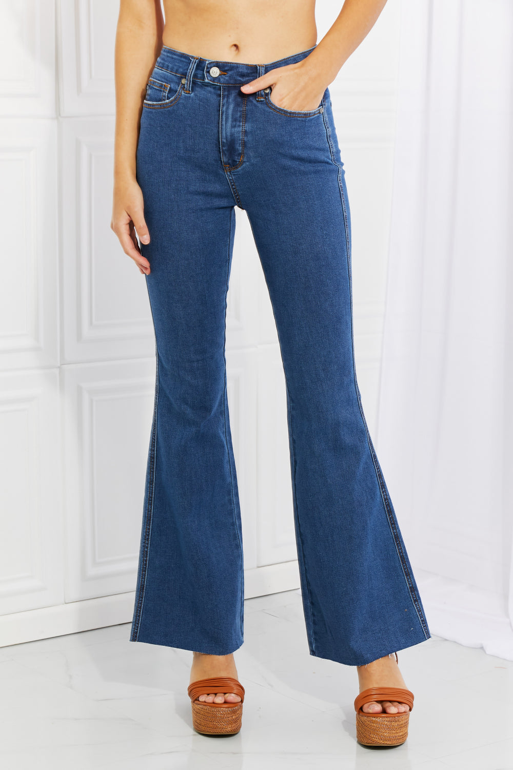 Judy Blue Ava Full Size Cool Denim Tummy Control Flare-Teresa&#39;s Fashionista LLC