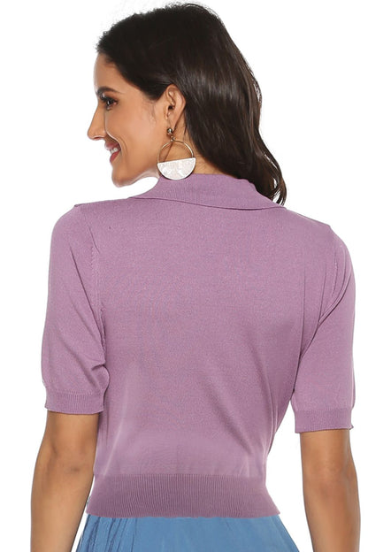 Buttoned Collared Neck Short Sleeve Knit Top-Teresa&#39;s Fashionista LLC