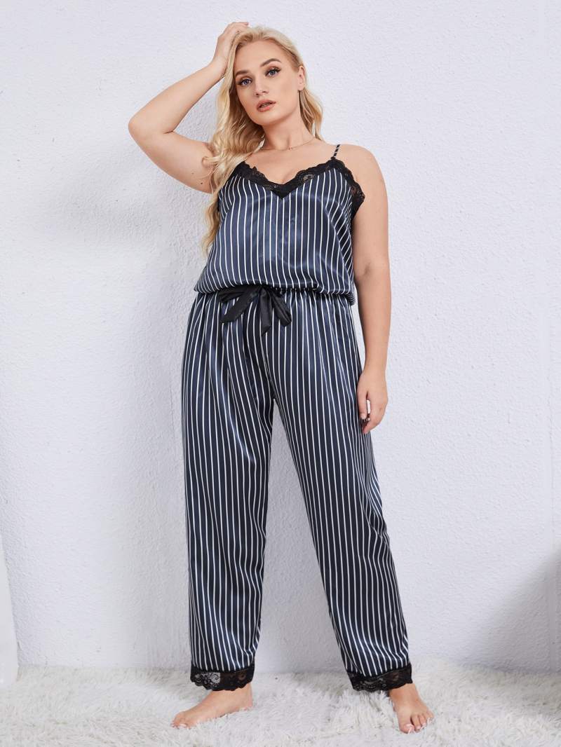 Plus Size Vertical Stripe Lace Trim Cami and Pants Pajama Set-Teresa&#39;s Fashionista LLC