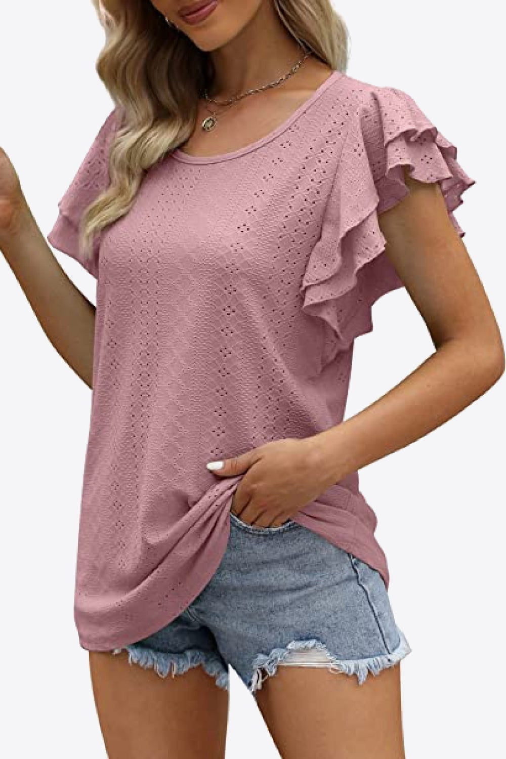 Round Neck Layered Flutter Sleeve Blouse-Teresa&#39;s Fashionista LLC