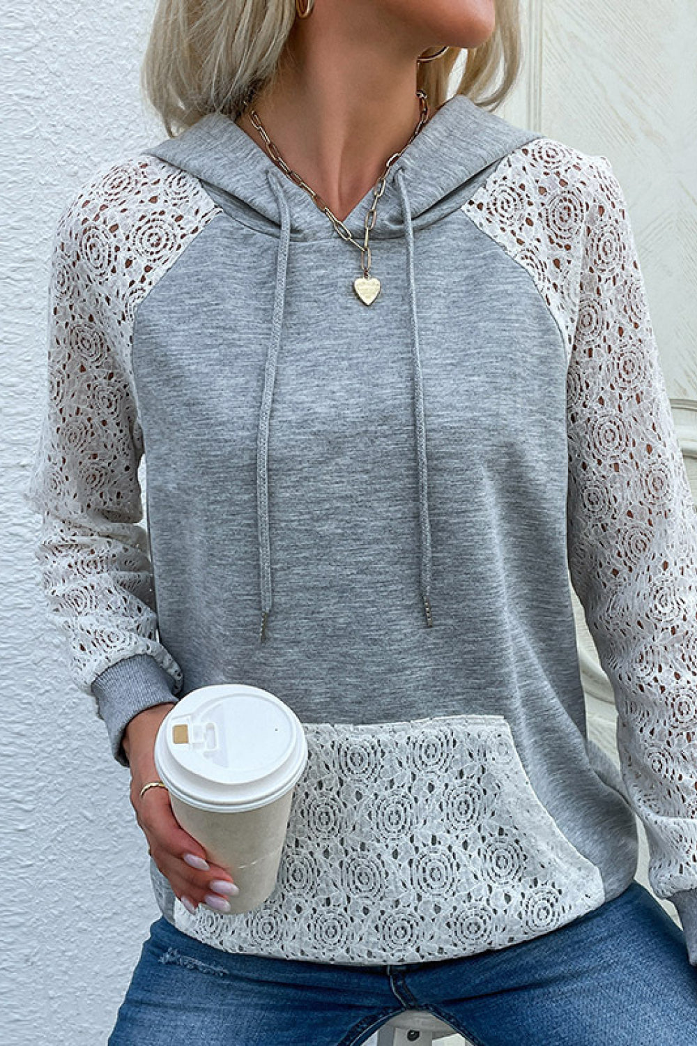 Lace Raglan Sleeve Drawstring Hoodie-Teresa&#39;s Fashionista LLC