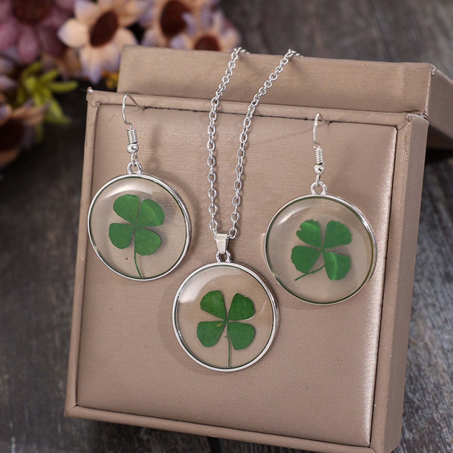 Lucky Clover Alloy Acrylic Earrings and Necklace Jewelry Set-Teresa&#39;s Fashionista LLC