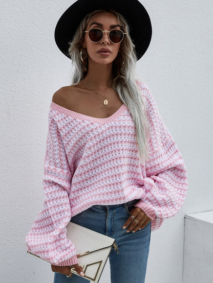 Striped Drop Shoulder V-Neck Pullover Sweater-Teresa&#39;s Fashionista LLC