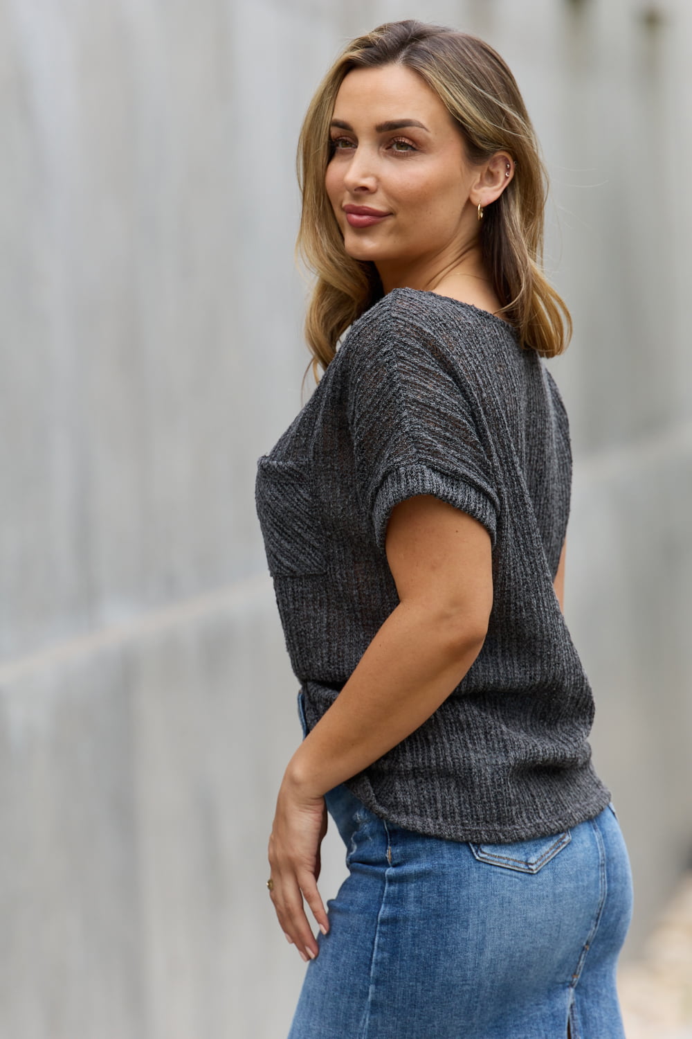 e.Luna Full Size Chunky Knit Short Sleeve Top in Gray-Teresa&#39;s Fashionista LLC