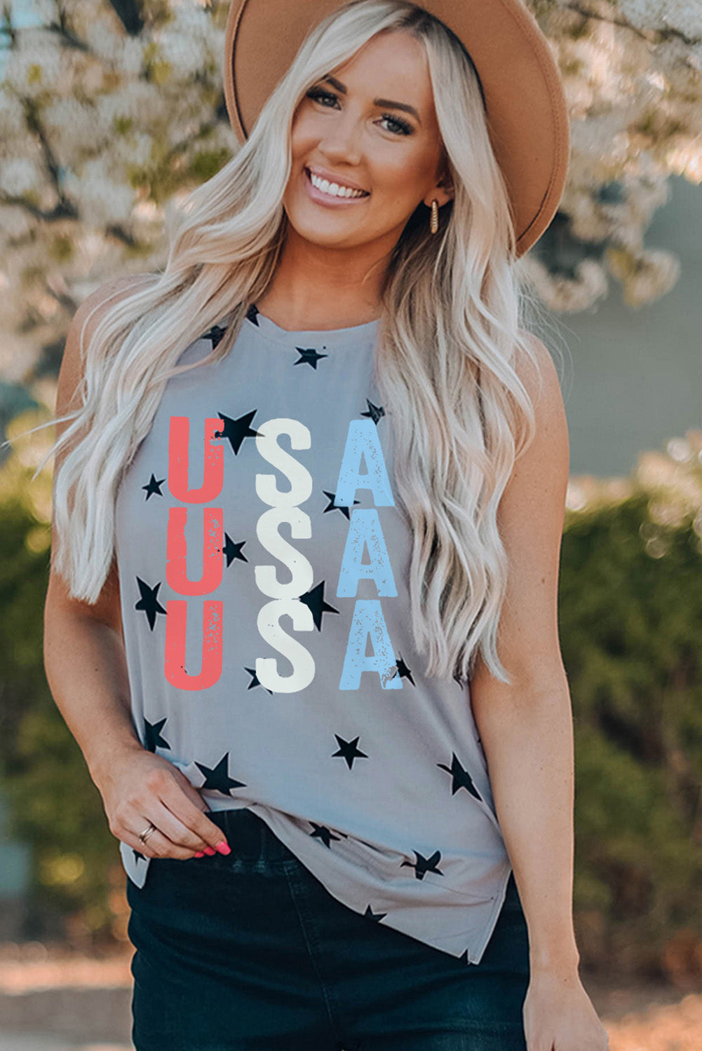 Star Print USA Slit Tank-Teresa&#39;s Fashionista LLC