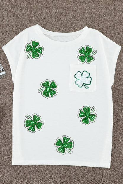 Sequin Lucky Clover Boat Neck T-Shirt-Teresa&#39;s Fashionista LLC