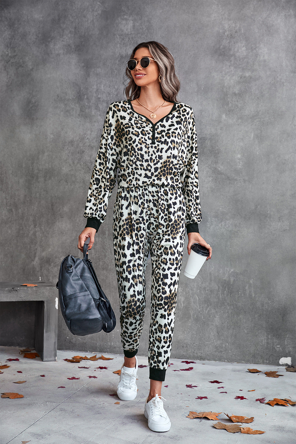 Leopard V-Neck Dropped Shoulder Loungewear Set-Teresa&#39;s Fashionista LLC