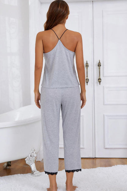 Halter Neck Cami and Lace Trim Pajama Set-Teresa&#39;s Fashionista LLC