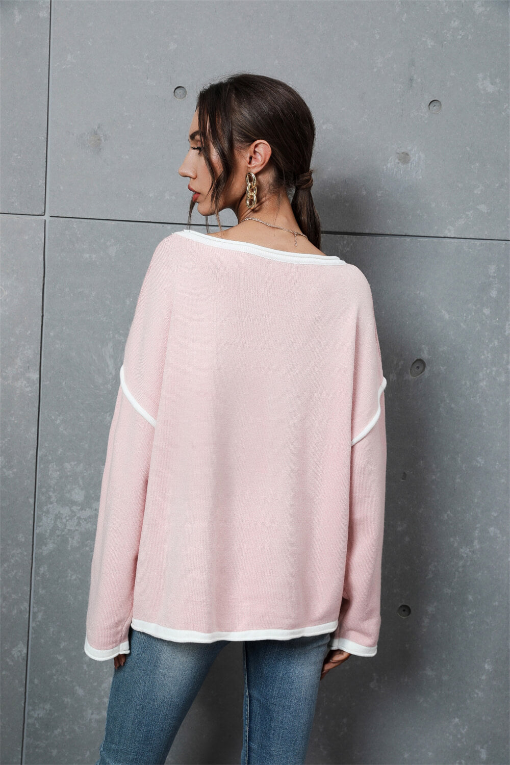 Contrast Detail Dropped Shoulder Knit Pullover-Teresa&#39;s Fashionista LLC