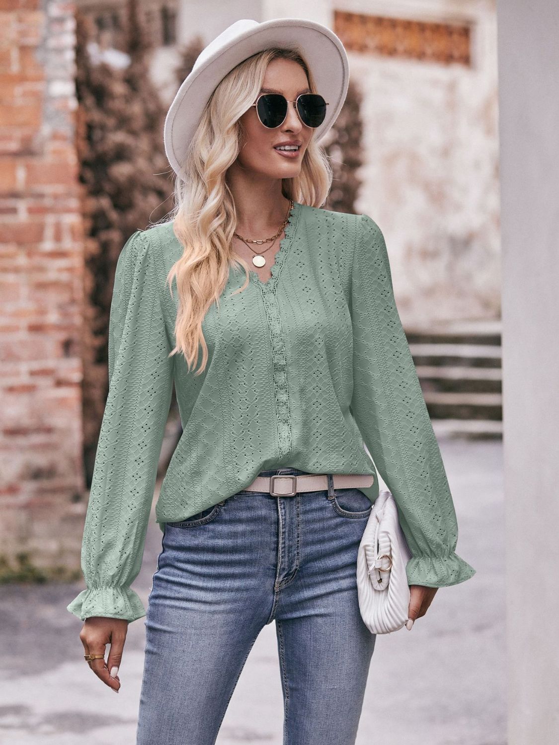 Eyelet V-Neck Flounce Sleeve Blouse-Teresa&#39;s Fashionista LLC