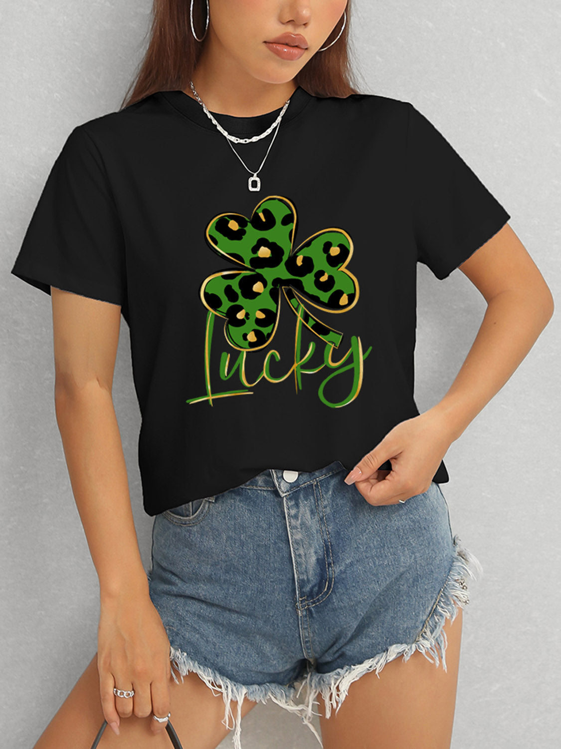 Lucky Clover Round Neck Short Sleeve T-Shirt-Teresa&#39;s Fashionista LLC