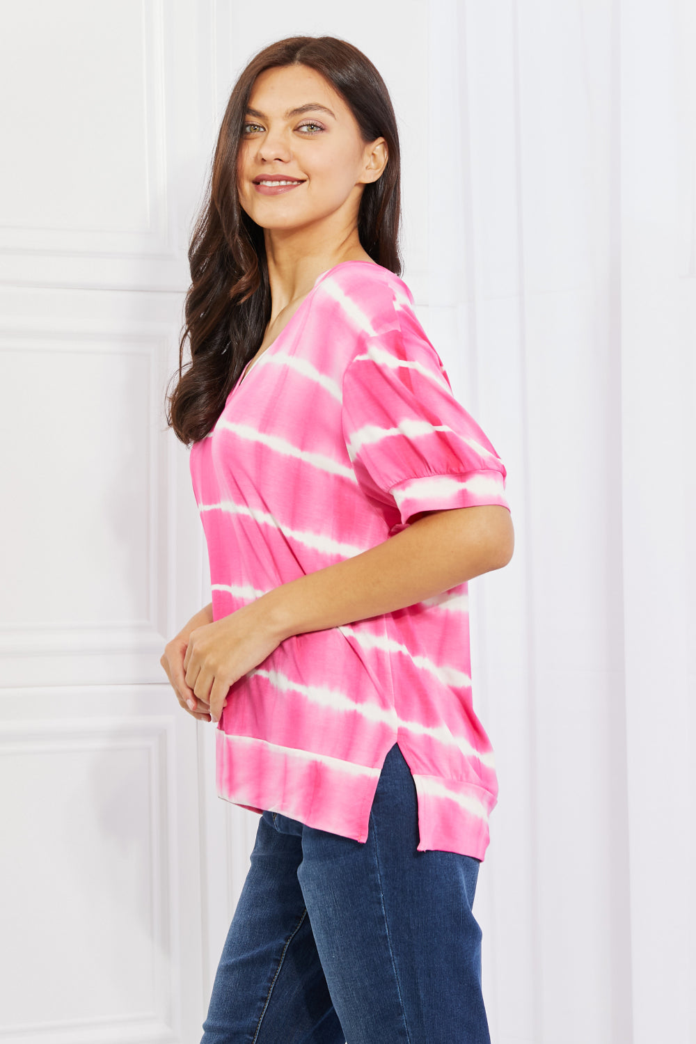 Yelete Full Size Oversized Fit V-Neck Striped Top-Teresa&#39;s Fashionista LLC