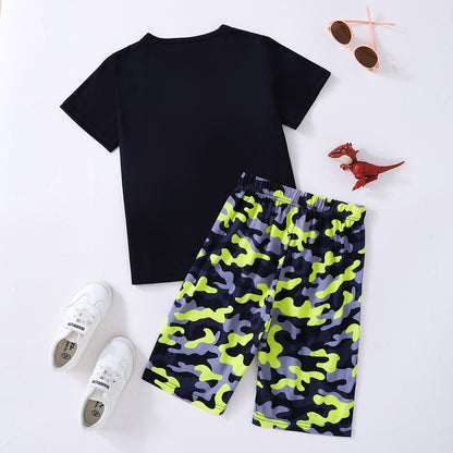 Boys Dinosaur Graphic Tee and Camouflage Shorts Set-Teresa&#39;s Fashionista LLC