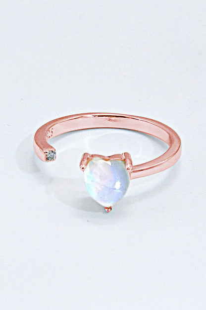 Inlaid Moonstone Heart Adjustable Open Ring-Teresa&#39;s Fashionista LLC