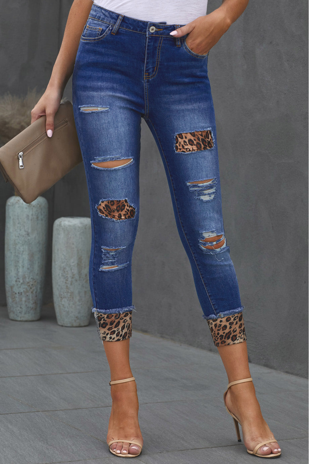 Baeful Leopard Patch Distressed Cropped Jeans-Teresa&#39;s Fashionista LLC