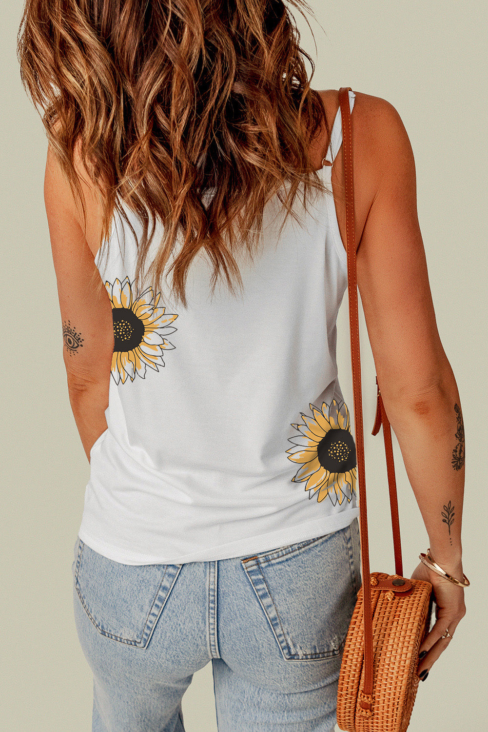 Sunflower Print Lace Trim Plunge Cami-Teresa&#39;s Fashionista LLC