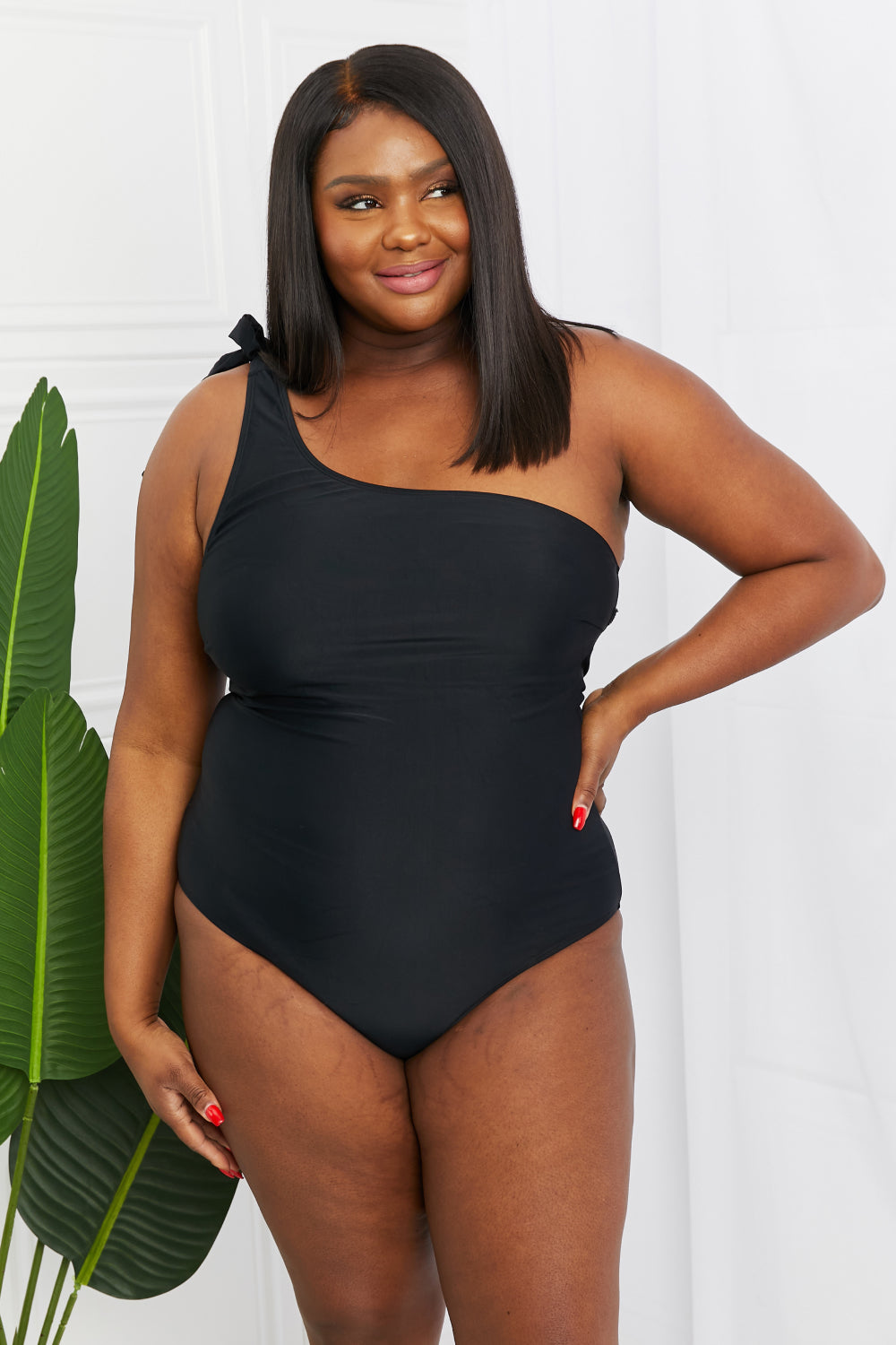 Marina West Swim Deep End One-Shoulder One-Piece Swimsuit in Black-Teresa&#39;s Fashionista LLC