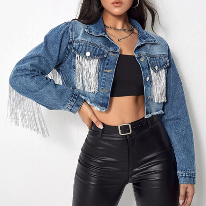 Fringe Detail Long Sleeve Cropped Denim Jacket-Teresa&#39;s Fashionista LLC